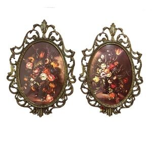 2 VTG Floral Still Life Victorian Inspo Italian Frame Convex Bubble Glass EUC
